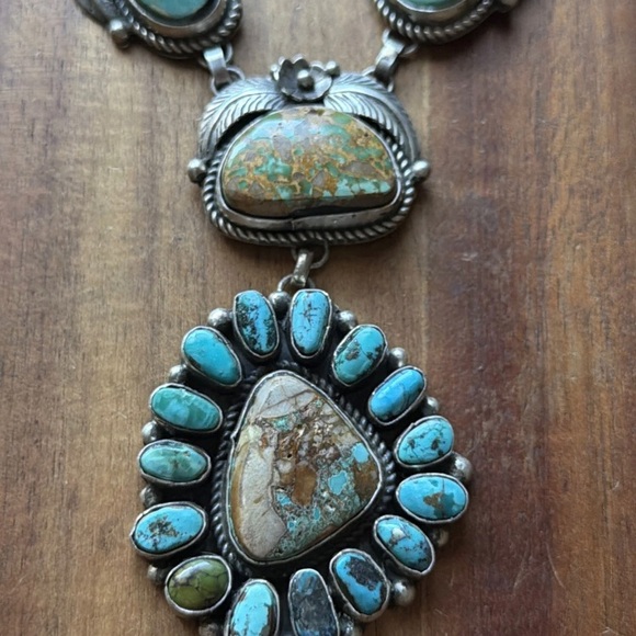 Navajo Sterling Silver Blue Green Royston Turquoise Lariat Cluster Necklace CY - Picture 5 of 12